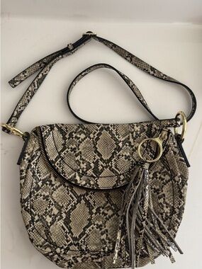 Nine West Snake-Print Crossbody with Tassel - Beige & Black